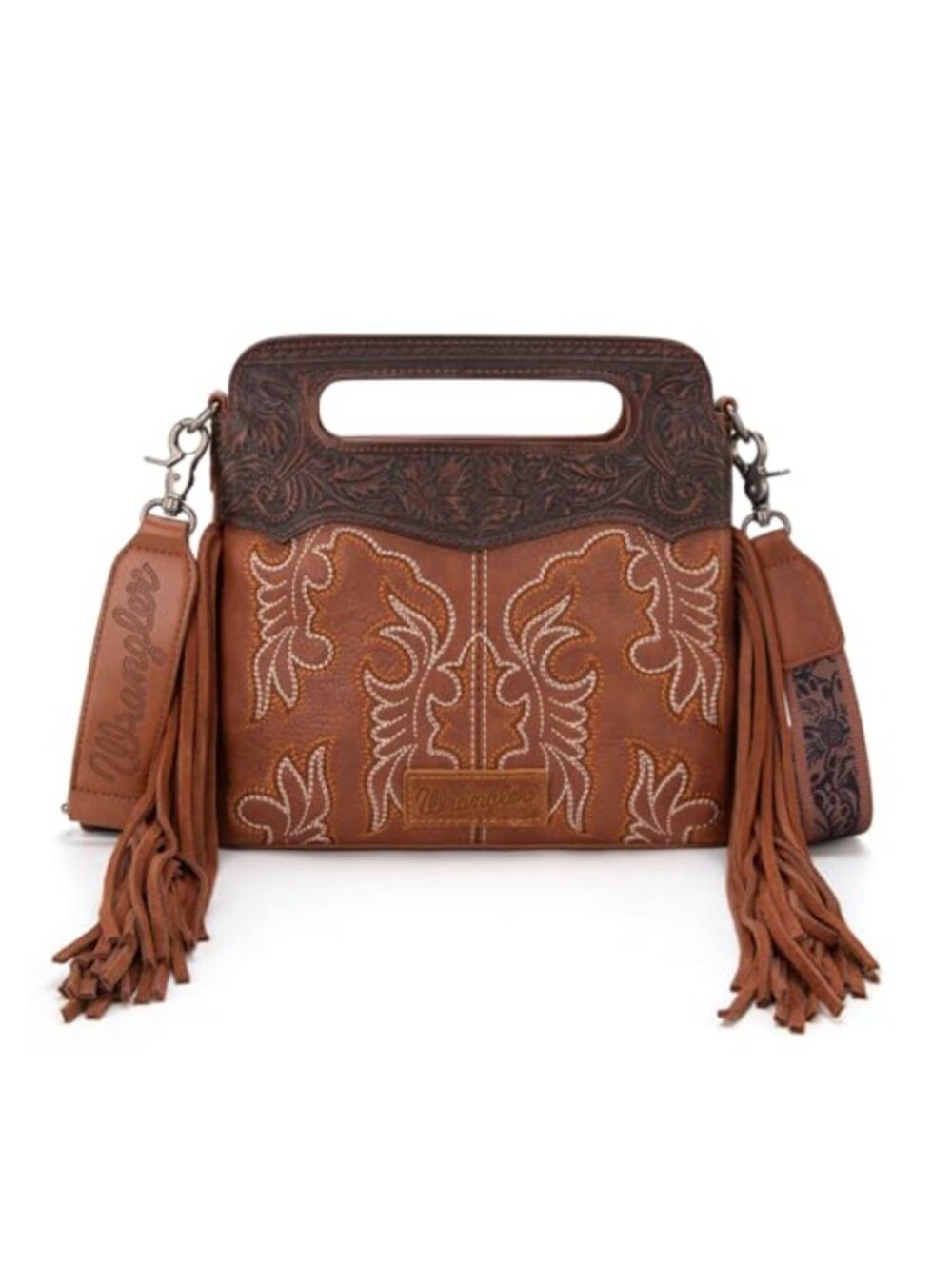 Western Crossbody Bag Floral Tooled Leather Fringe Guitar Strap